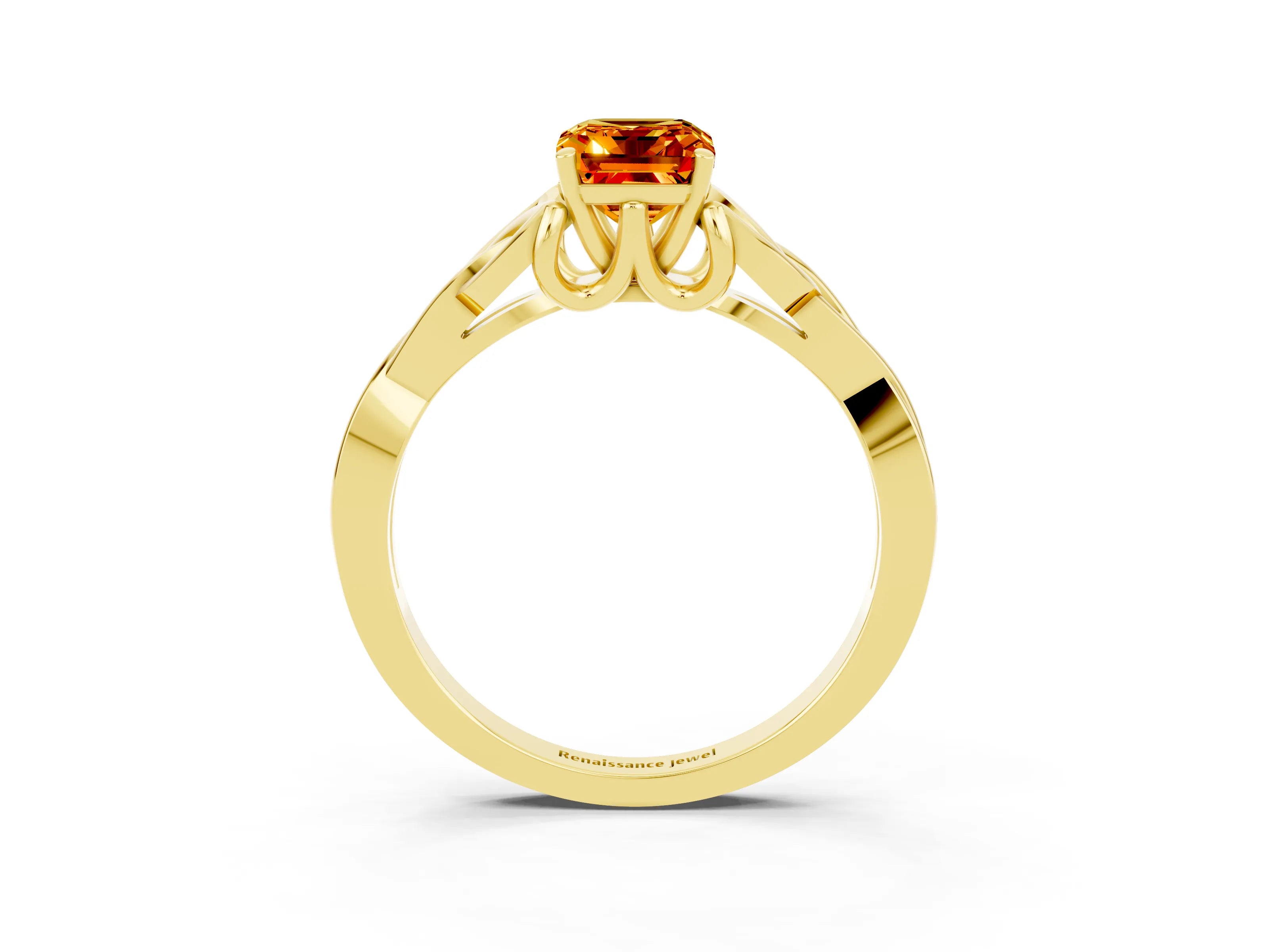 Yellow gold Emerald Cut Citrine Solitaire Celtic Knot Ring with Four-Prong Setting_15
