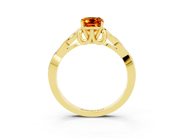 Yellow gold Emerald Cut Citrine Solitaire Celtic Knot Ring with Four-Prong Setting