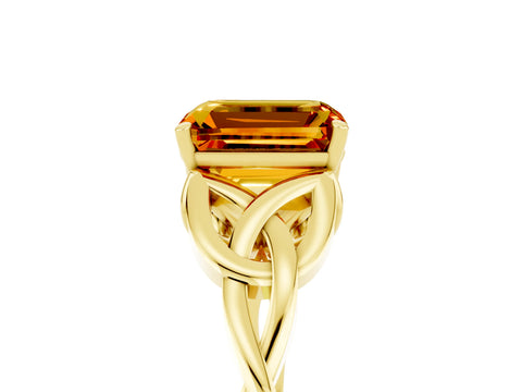 Yellow gold Emerald Cut Citrine Solitaire Celtic Knot Ring with Four-Prong Setting_17