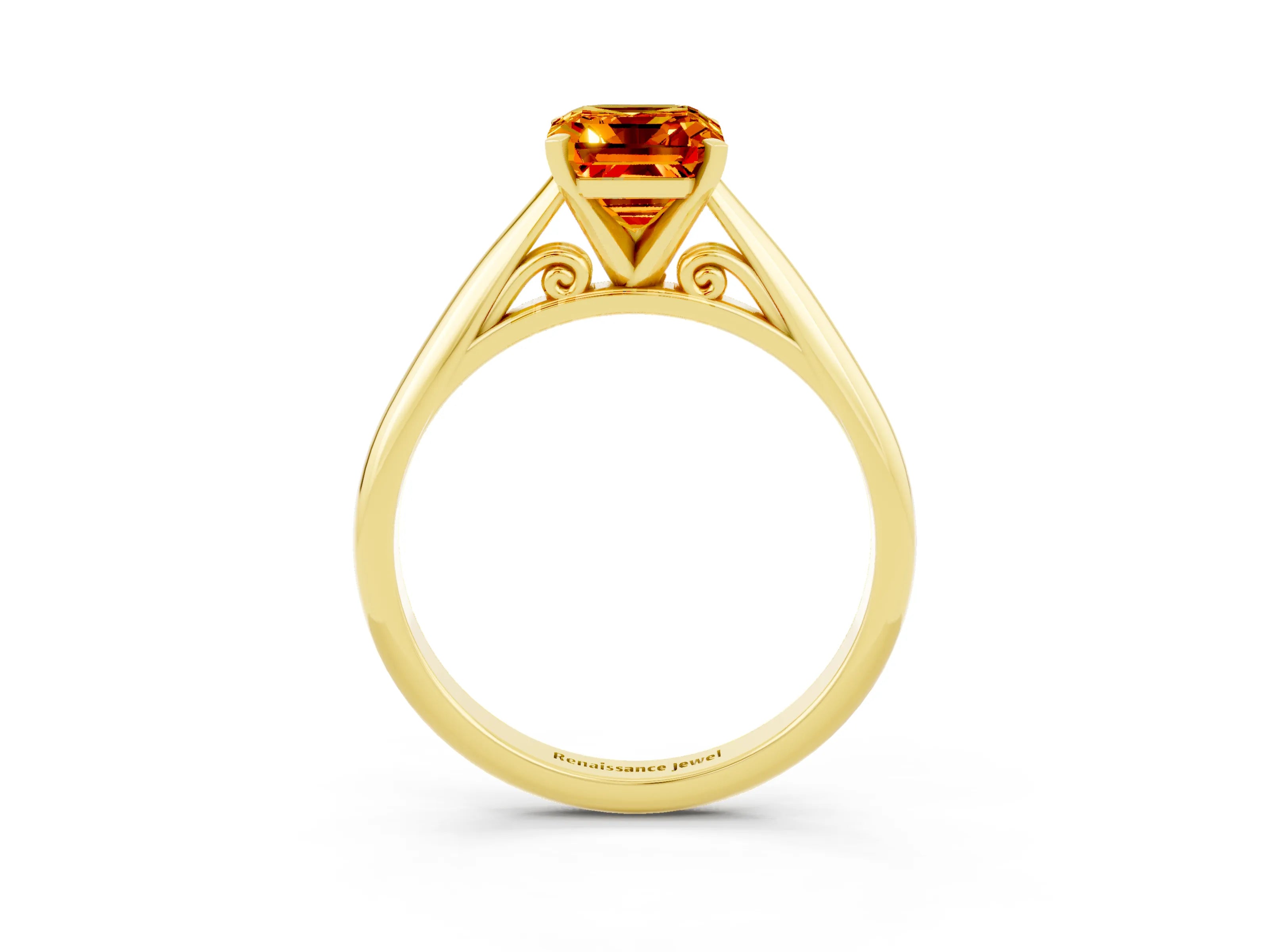 Yellow gold Emerald Cut Citrine Solitaire Engagement Ring with Cathedral Setting and Four-Prong Mount_15