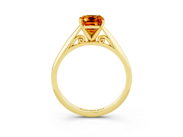 Yellow gold Emerald Cut Citrine Solitaire Engagement Ring with Cathedral Setting and Four-Prong Mount