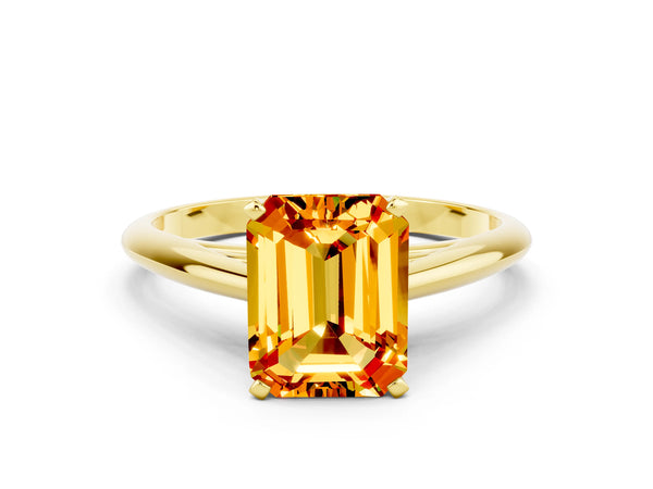 Yellow gold Emerald Cut Citrine Solitaire Engagement Ring with Cathedral Setting and Four-Prong Mount