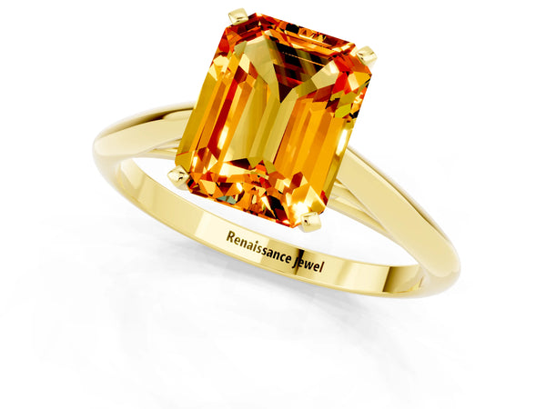 Yellow gold Emerald Cut Citrine Solitaire Engagement Ring with Cathedral Setting and Four-Prong Mount