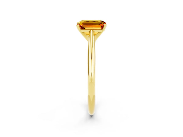 Yellow gold Emerald Cut Citrine Solitaire Engagement Ring with Cathedral Setting and Four-Prong Mount