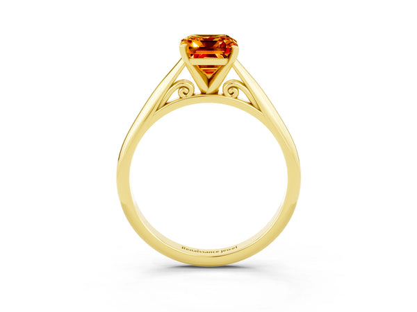 Yellow gold Emerald Cut Citrine Solitaire Engagement Ring with Cathedral Setting and Four-Prong Mount