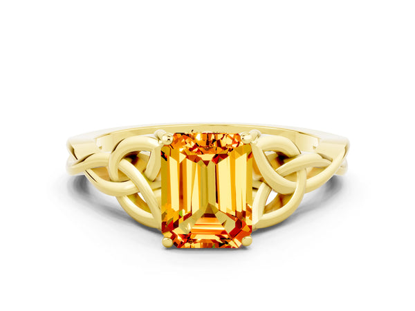 Yellow gold Emerald Cut Citrine Solitaire Engagement Ring with Celtic Knot Band and Four-Prong Setting