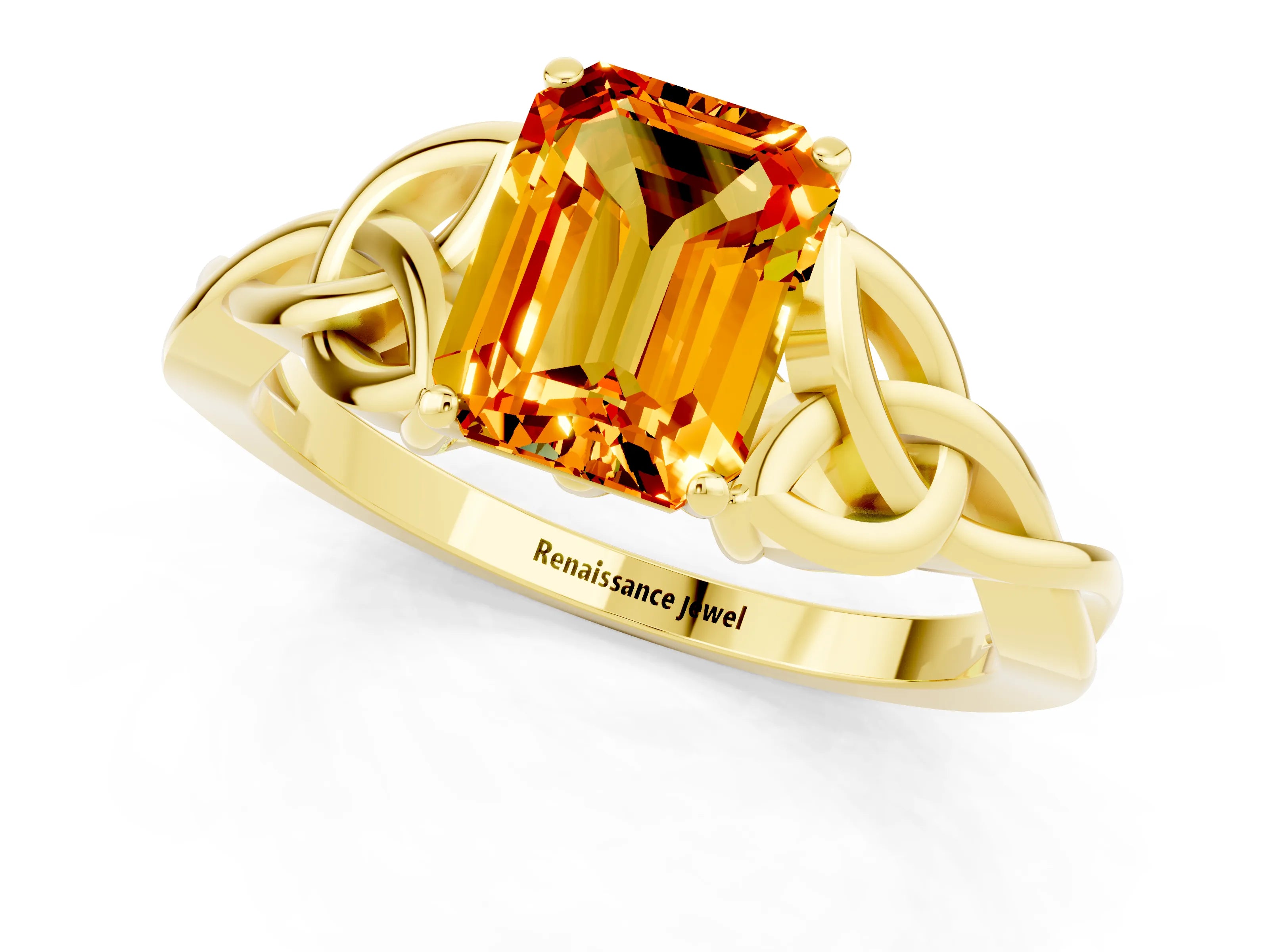 Yellow gold Emerald Cut Citrine Solitaire Engagement Ring with Celtic Knot Band and Four-Prong Setting_1
