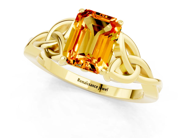 Yellow gold Emerald Cut Citrine Solitaire Engagement Ring with Celtic Knot Band and Four-Prong Setting