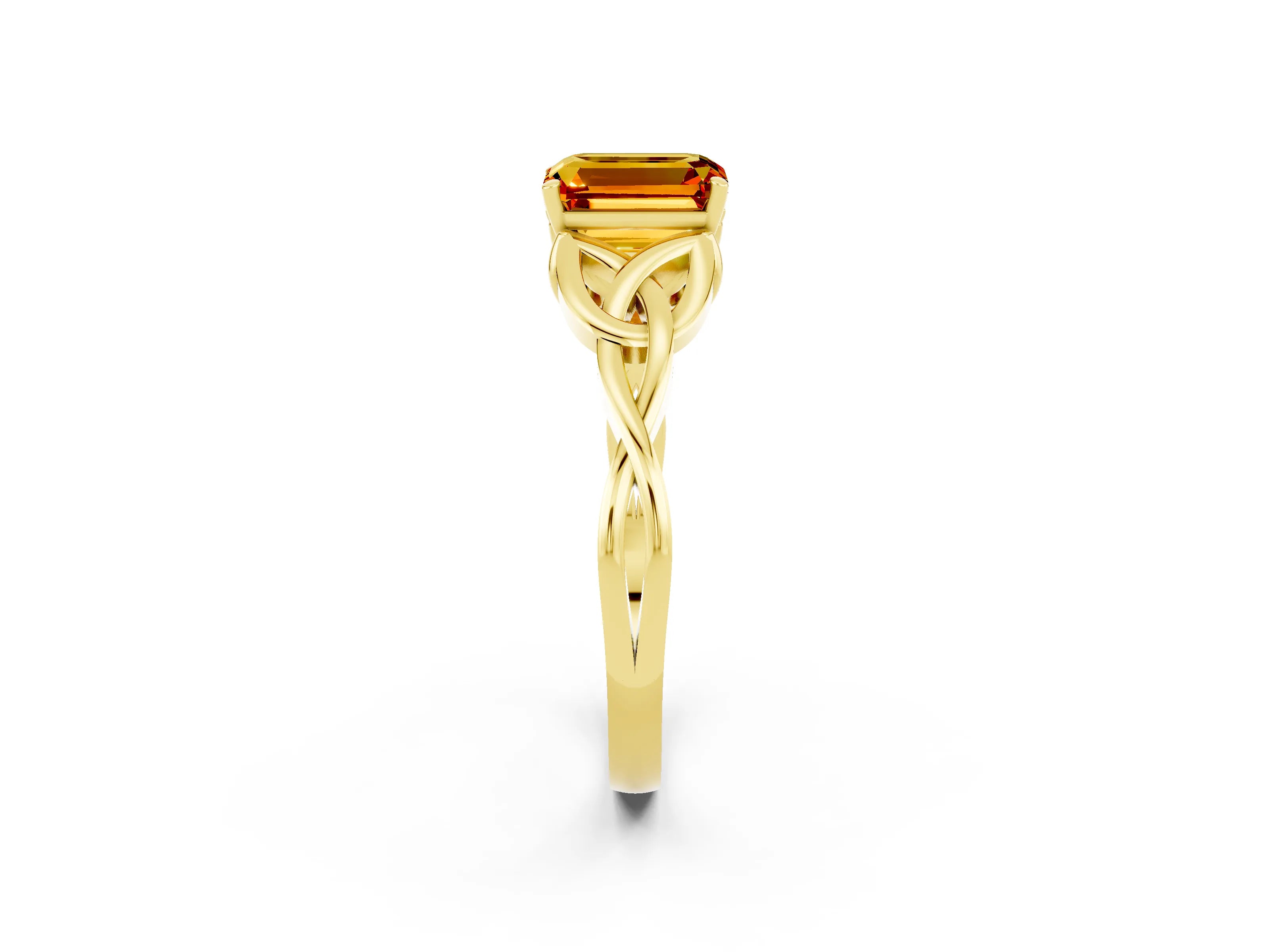 Yellow gold Emerald Cut Citrine Solitaire Engagement Ring with Celtic Knot Band and Four-Prong Setting_2