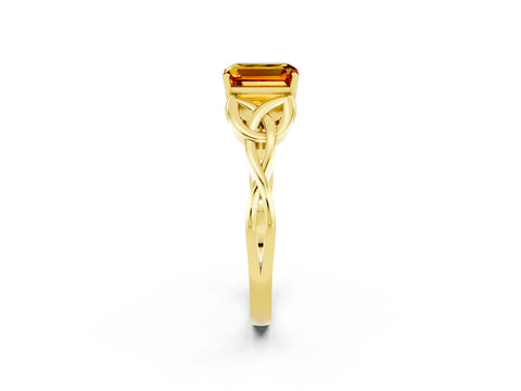 Yellow gold Emerald Cut Citrine Solitaire Engagement Ring with Celtic Knot Band and Four-Prong Setting_2