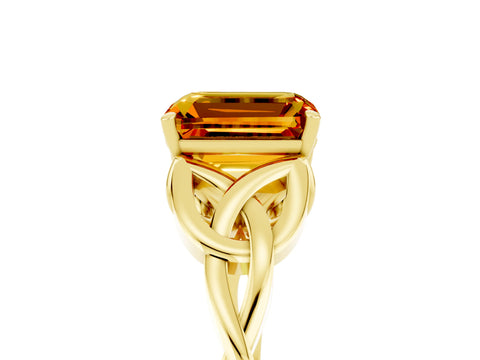 Yellow gold Emerald Cut Citrine Solitaire Engagement Ring with Celtic Knot Band and Four-Prong Setting_5