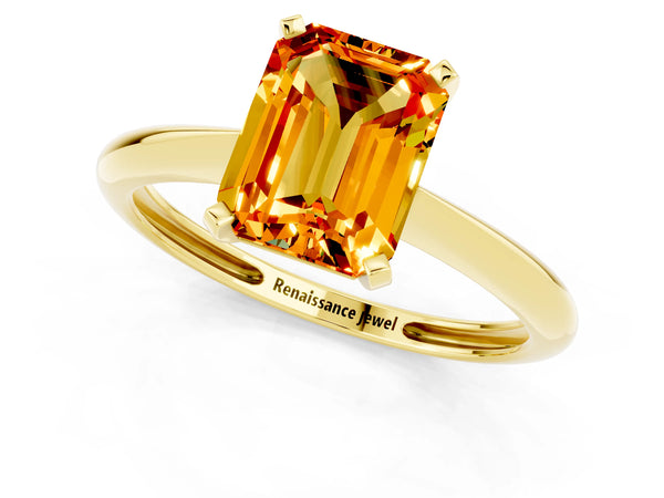Yellow gold Emerald Cut Citrine Solitaire Engagement Ring with Classic Band and Four-Prong Setting