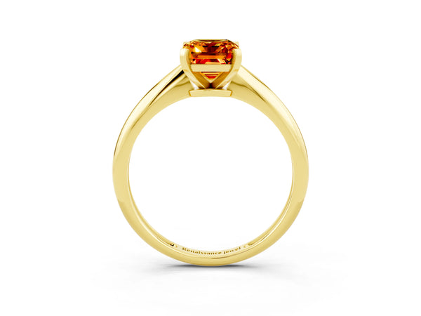 Yellow gold Emerald Cut Citrine Solitaire Engagement Ring with Classic Band and Four-Prong Setting
