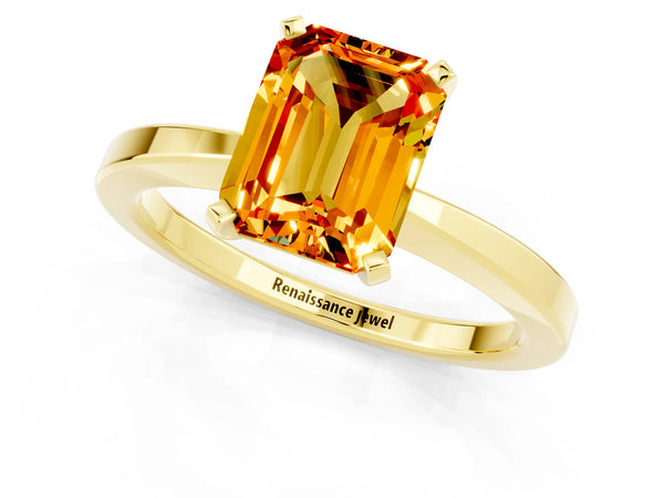 Yellow gold Emerald Cut Citrine Solitaire Engagement Ring with Classic Band and Four-Prong Setting