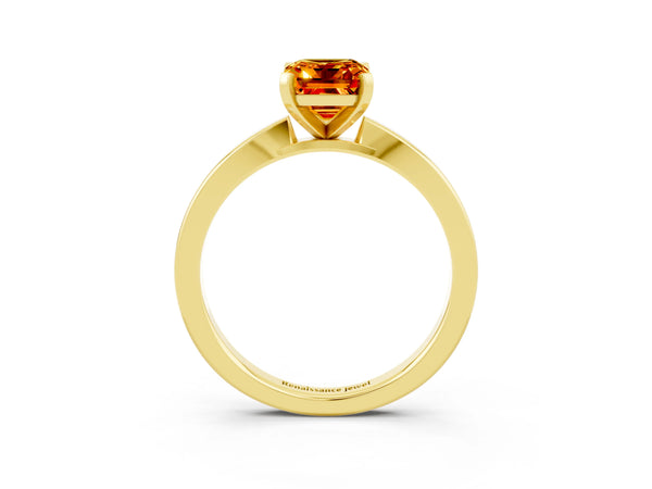 Yellow gold Emerald Cut Citrine Solitaire Engagement Ring with Classic Band and Four-Prong Setting