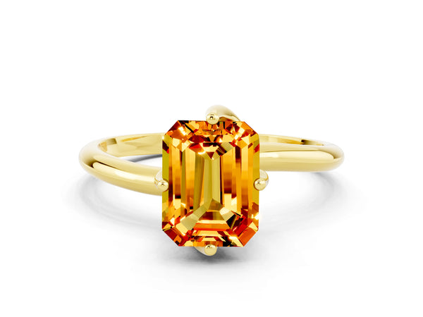 Yellow gold Emerald Cut Citrine Solitaire Engagement Ring with Four-Prong Setting and Classic Band
