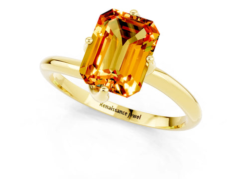 Yellow gold Emerald Cut Citrine Solitaire Engagement Ring with Four-Prong Setting and Classic Band_13