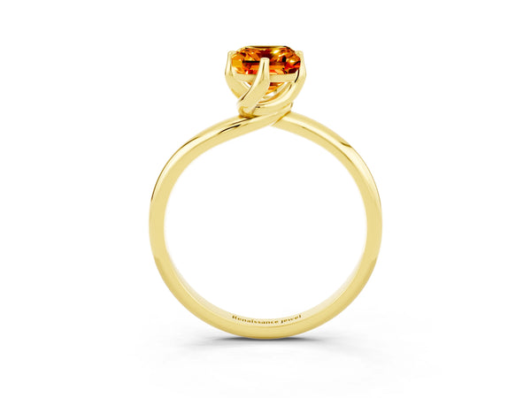 Yellow gold Emerald Cut Citrine Solitaire Engagement Ring with Four-Prong Setting and Classic Band