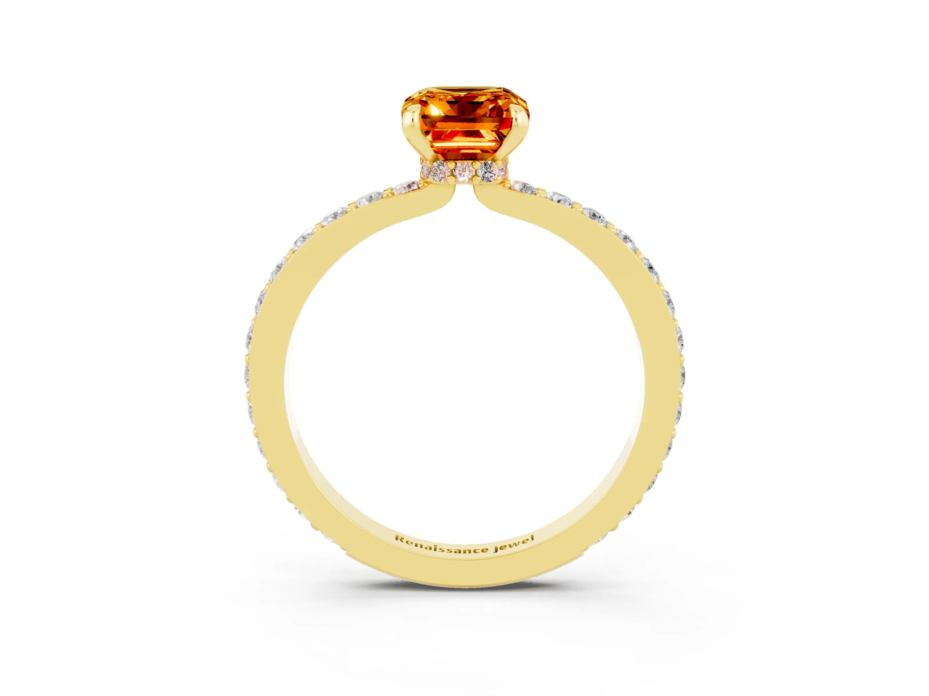 Yellow gold Emerald Cut Citrine Solitaire Engagement Ring with Pavé Band and Four-Prong Setting_3