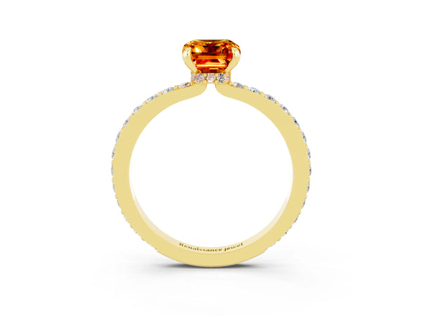 Yellow gold Emerald Cut Citrine Solitaire Engagement Ring with Pavé Band and Four-Prong Setting