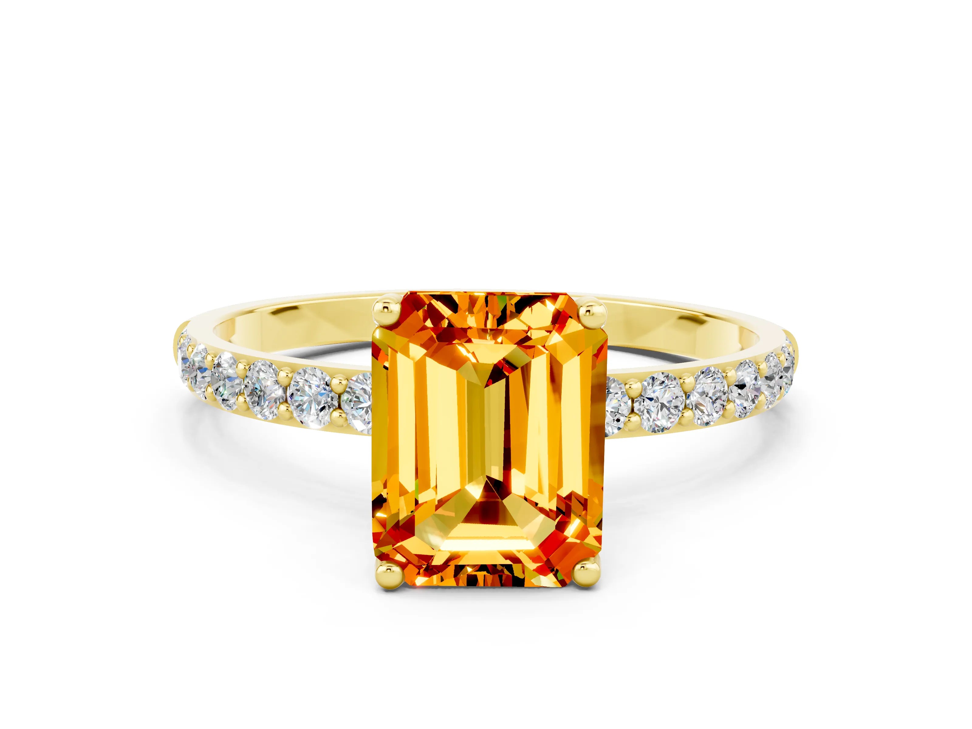 Yellow gold Emerald Cut Citrine Solitaire Engagement Ring with Pavé Band and Prong Setting