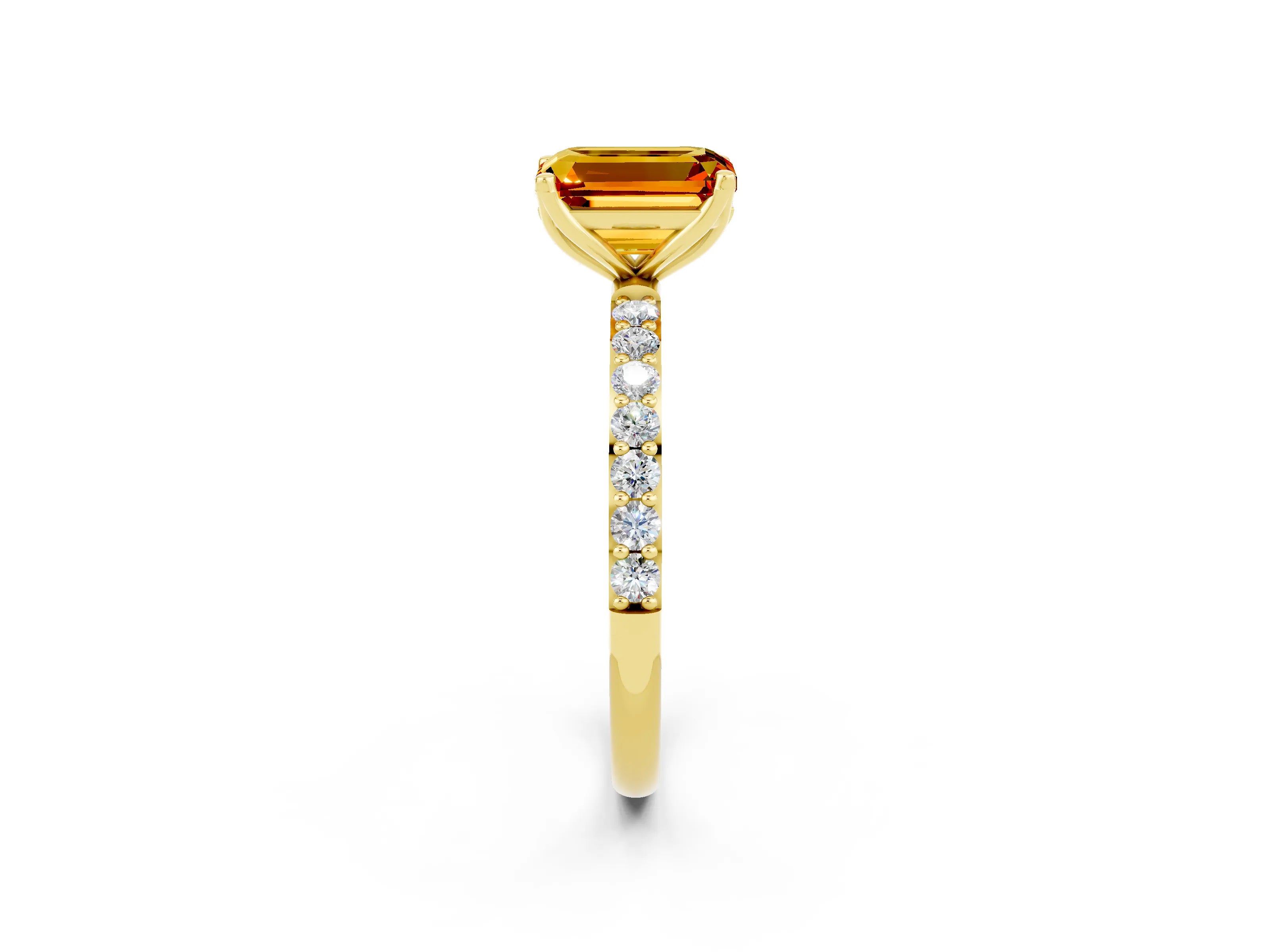 Yellow gold Emerald Cut Citrine Solitaire Engagement Ring with Pavé Band and Prong Setting_2