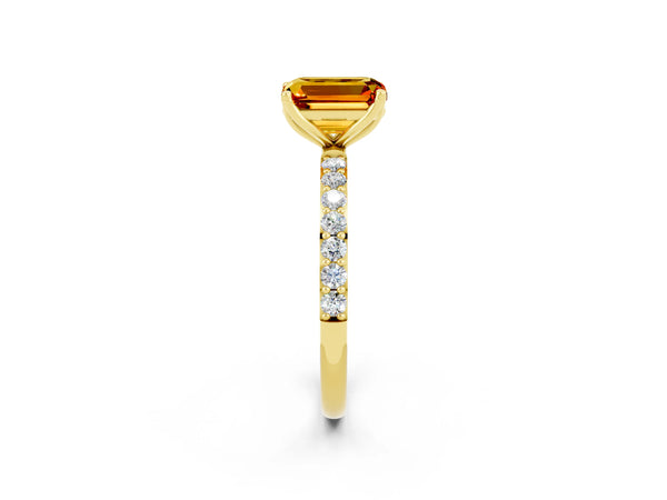 Yellow gold Emerald Cut Citrine Solitaire Engagement Ring with Round  Pavé Band and Prong Setting