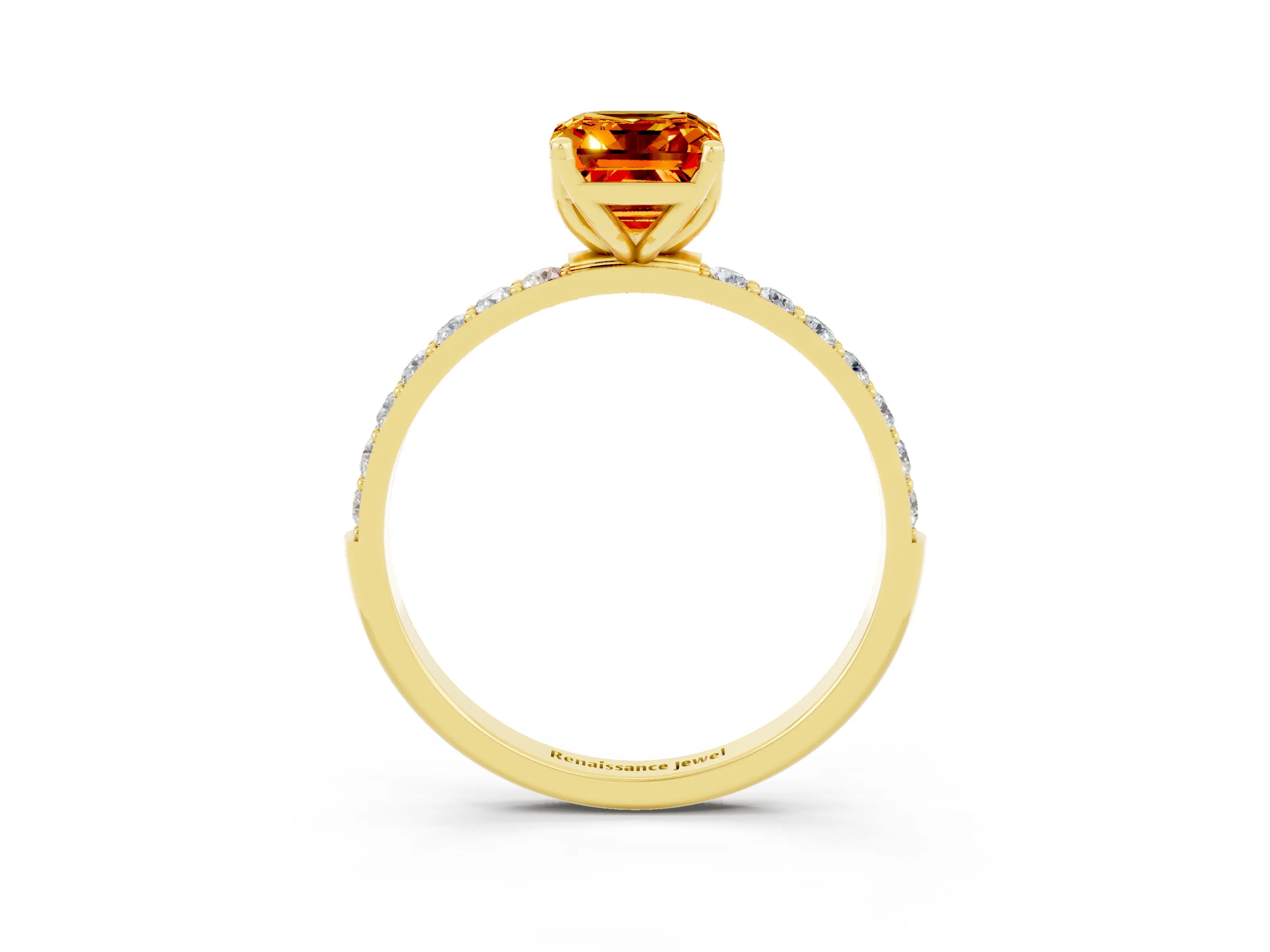 Yellow gold Emerald Cut Citrine Solitaire Engagement Ring with Pavé Band and Prong Setting_3