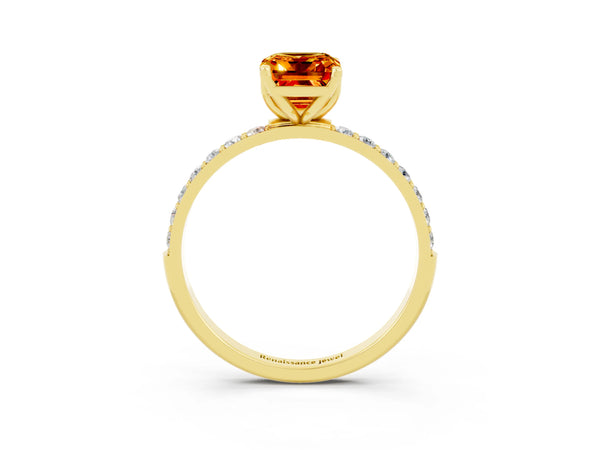 Yellow gold Emerald Cut Citrine Solitaire Engagement Ring with Round  Pavé Band and Prong Setting