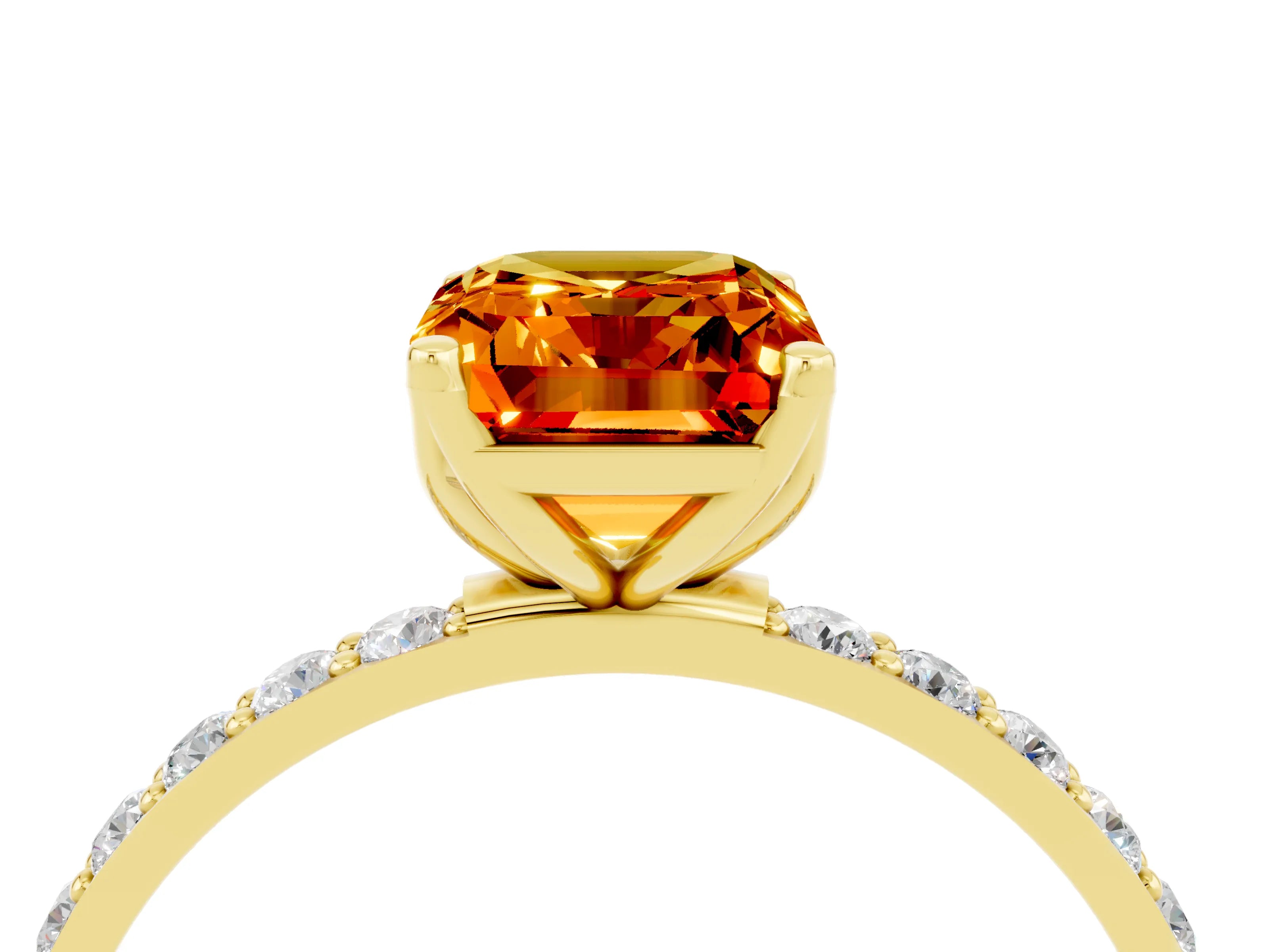 Yellow gold Emerald Cut Citrine Solitaire Engagement Ring with Pavé Band and Prong Setting_4