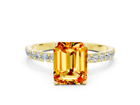 Yellow gold Emerald Cut Citrine Solitaire Engagement Ring with Pavé Band and Prong Setting