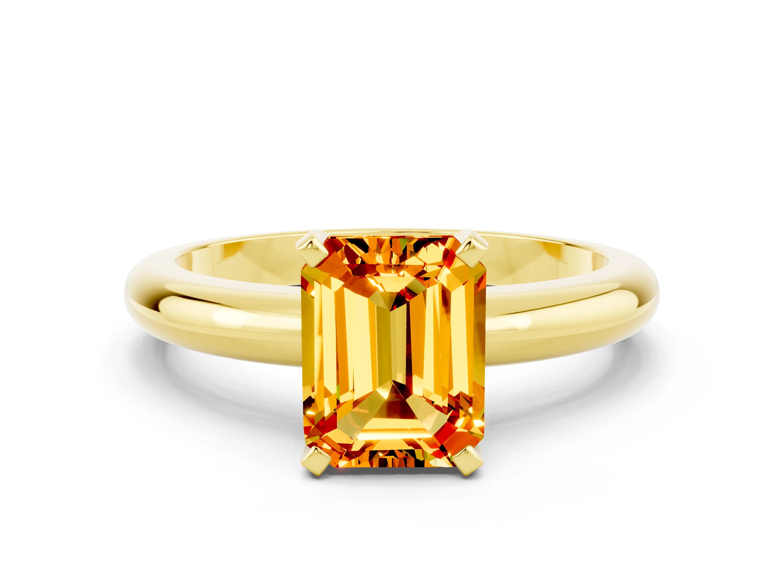 Yellow gold Emerald Cut Citrine Solitaire Engagement Ring with Round Band and Four-Prong Setting