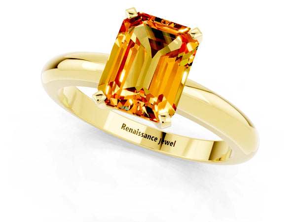 Yellow gold Emerald Cut Citrine Solitaire Engagement Ring with Round Band and Four-Prong Setting