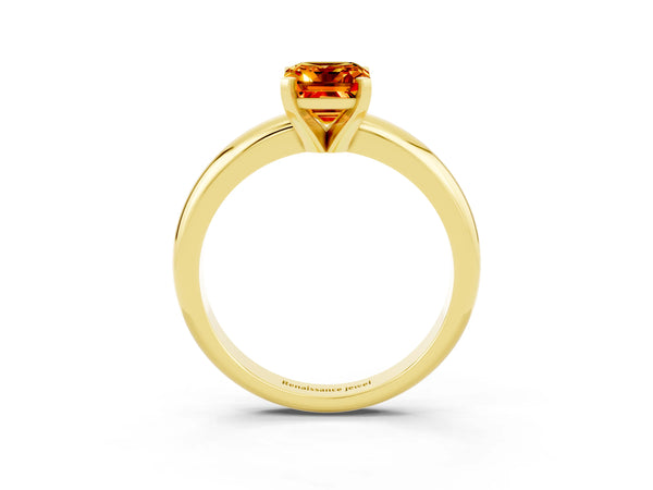 Yellow gold Emerald Cut Citrine Solitaire Engagement Ring with Round Band and Four-Prong Setting
