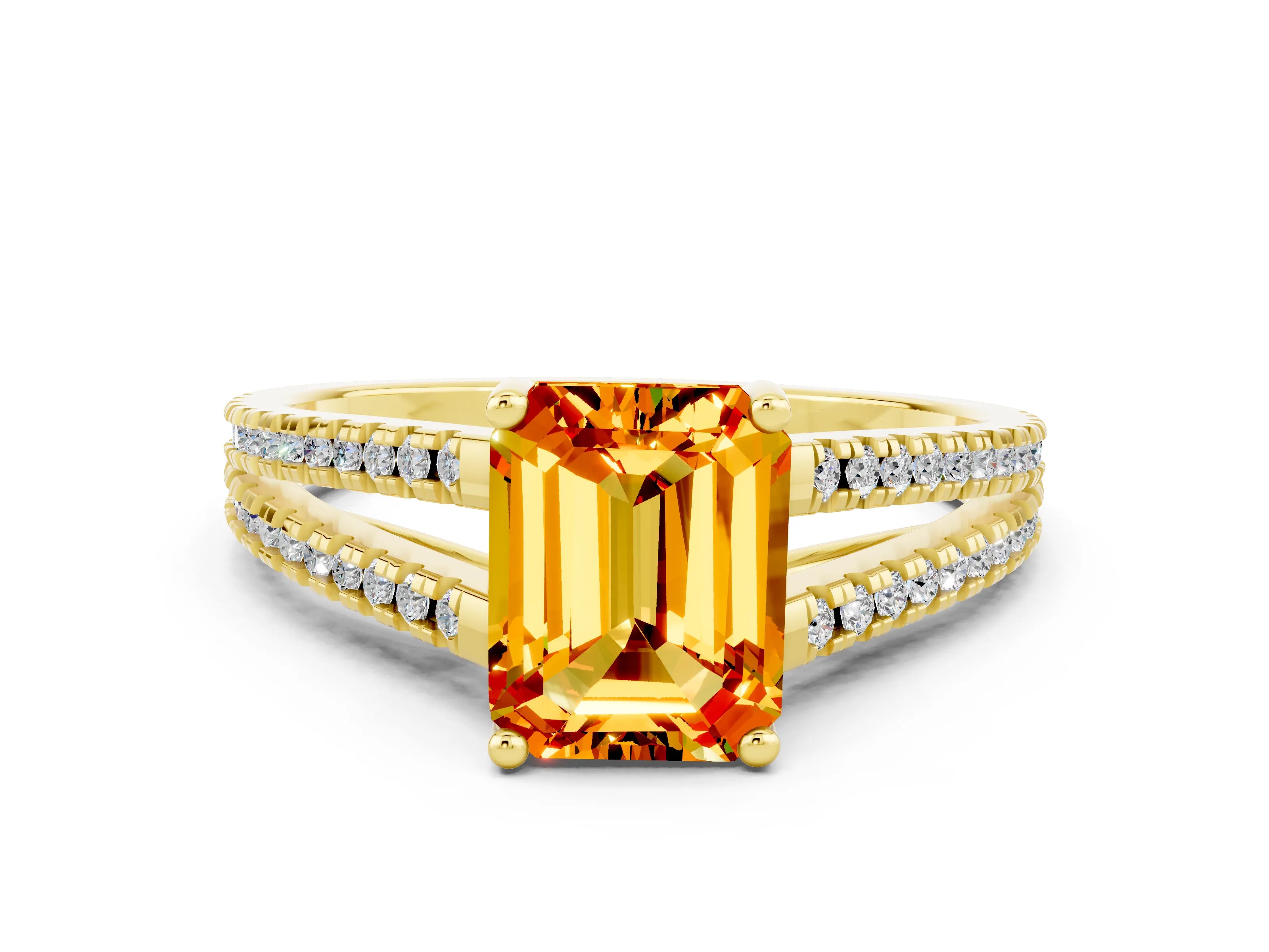 Yellow gold Emerald Cut Citrine Solitaire Engagement Ring with Split Shank Pavé Band