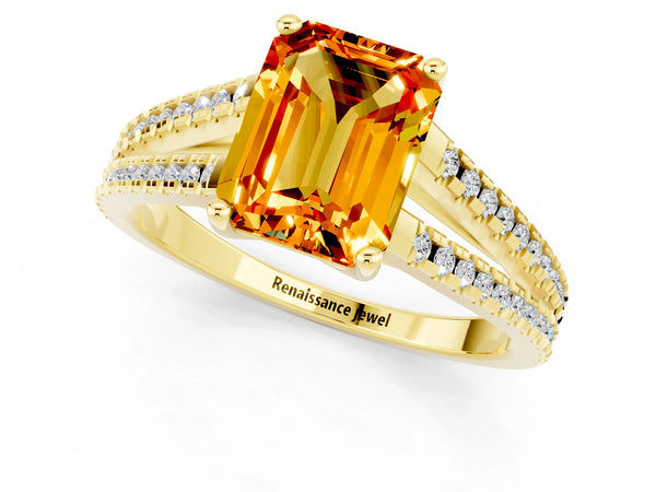 Yellow gold Emerald Cut Citrine Solitaire Engagement Ring with Split Shank Pavé Band