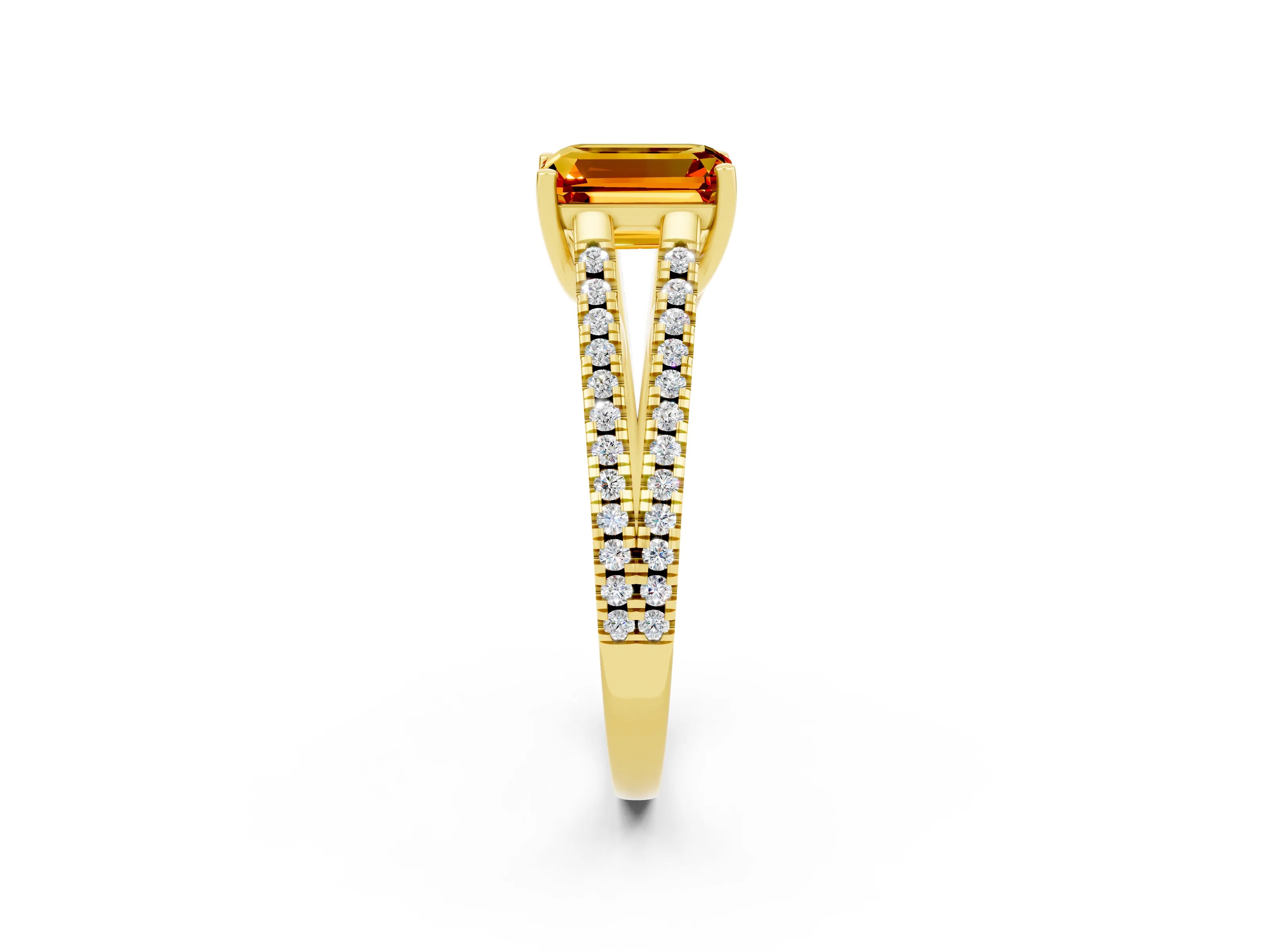 Yellow gold Emerald Cut Citrine Solitaire Engagement Ring with Split Shank Pavé Band_2