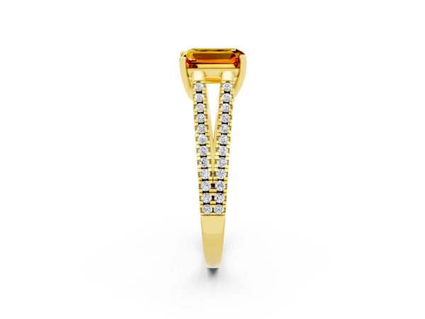 Yellow gold Emerald Cut Citrine Solitaire Engagement Ring with Split Shank Pavé Band