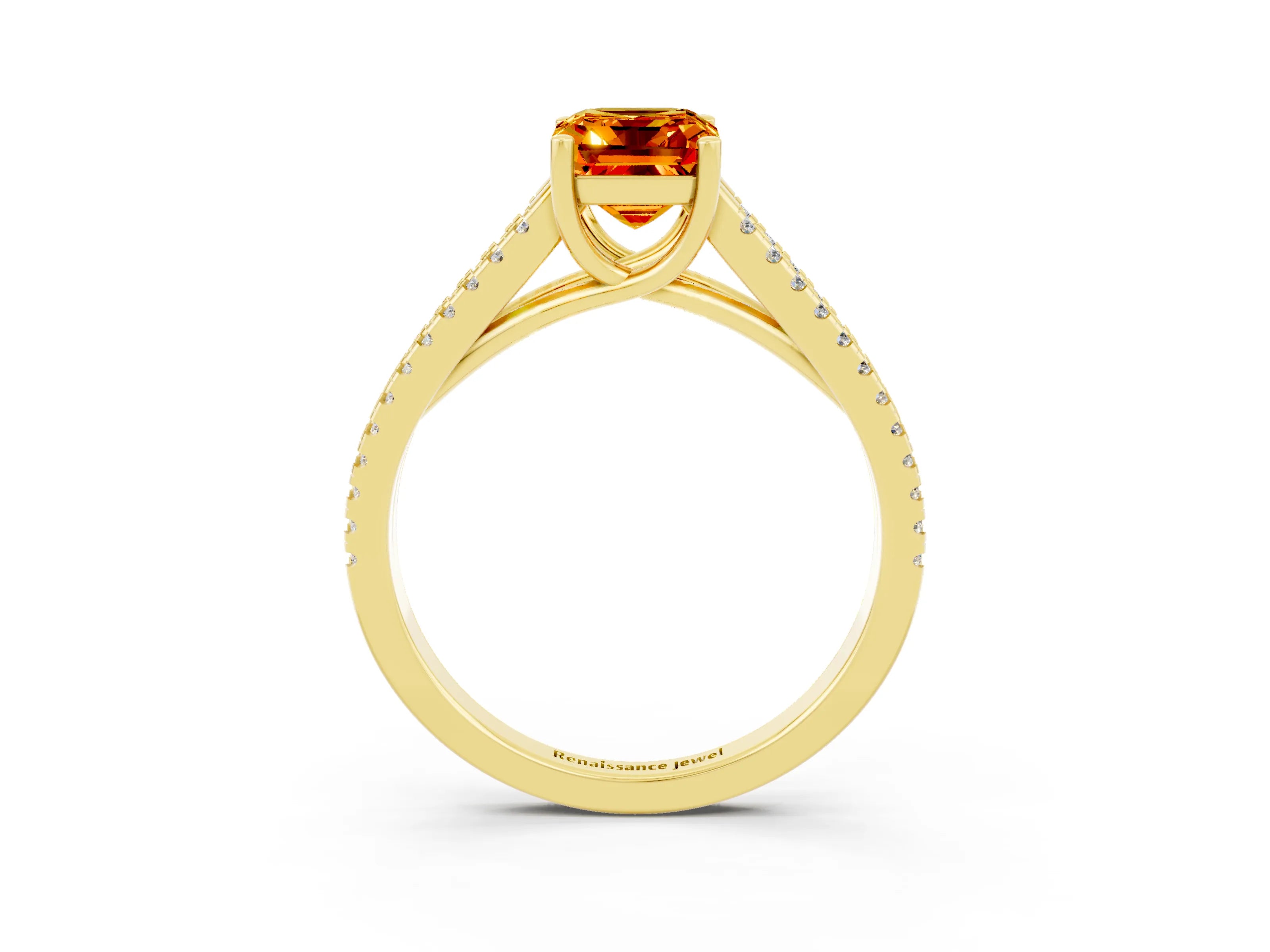 Yellow gold Emerald Cut Citrine Solitaire Engagement Ring with Split Shank Pavé Band_3