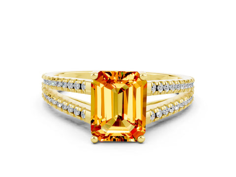 Yellow gold Emerald Cut Citrine Solitaire Engagement Ring with Split Shank Pavé Band
