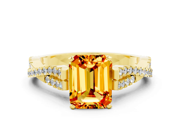 Yellow gold Emerald Cut Citrine Solitaire Engagement Ring with Twisted Pavé Band and Four-Prong Setting