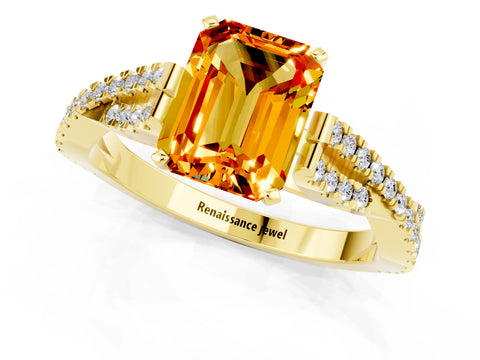 Yellow gold Emerald Cut Citrine Solitaire Engagement Ring with Twisted Pavé Band and Four-Prong Setting_1
