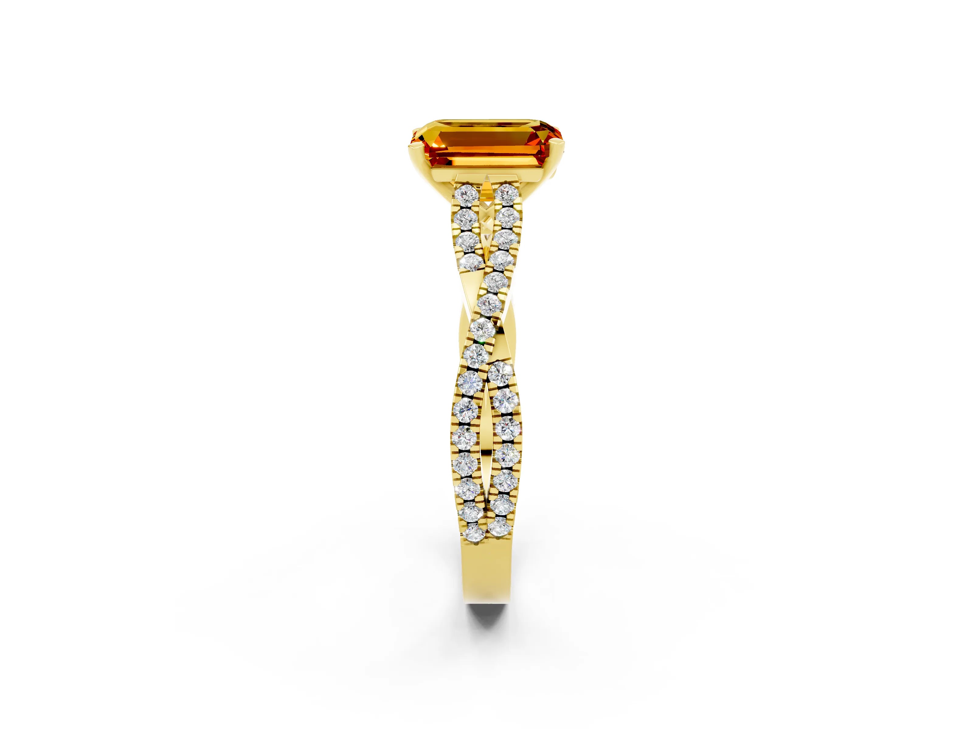 Yellow gold Emerald Cut Citrine Solitaire Engagement Ring with Twisted Pavé Band and Four-Prong Setting_2
