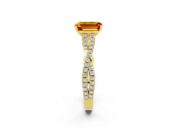 Yellow gold Emerald Cut Citrine Solitaire Engagement Ring with Twisted Pavé Band and Four-Prong Setting