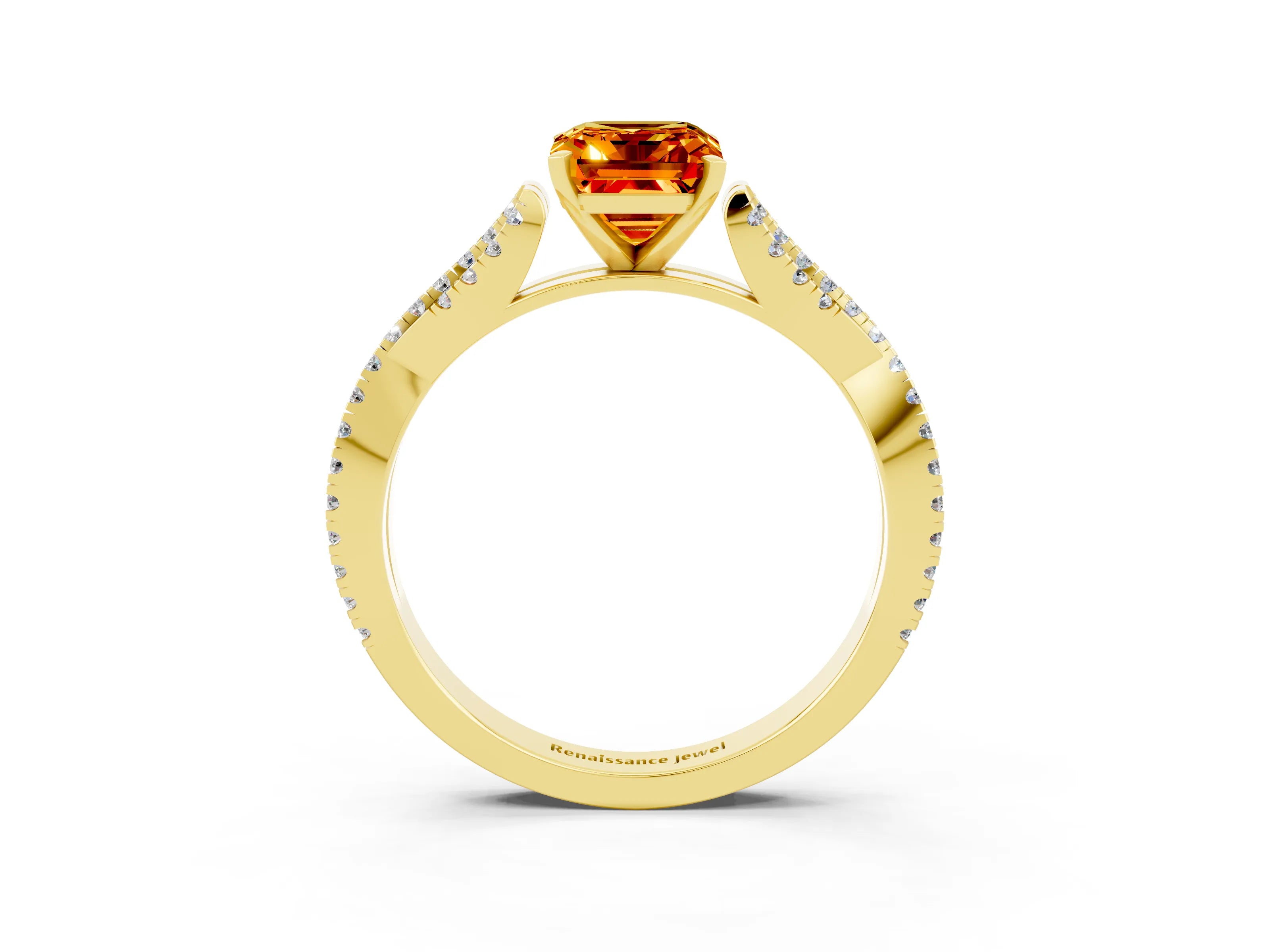 Yellow gold Emerald Cut Citrine Solitaire Engagement Ring with Twisted Pavé Band and Four-Prong Setting_3
