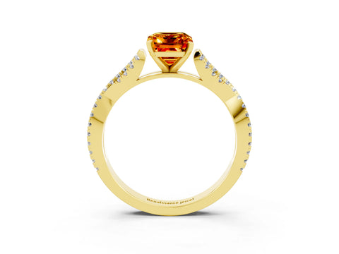 Yellow gold Emerald Cut Citrine Solitaire Engagement Ring with Twisted Pavé Band and Four-Prong Setting_3