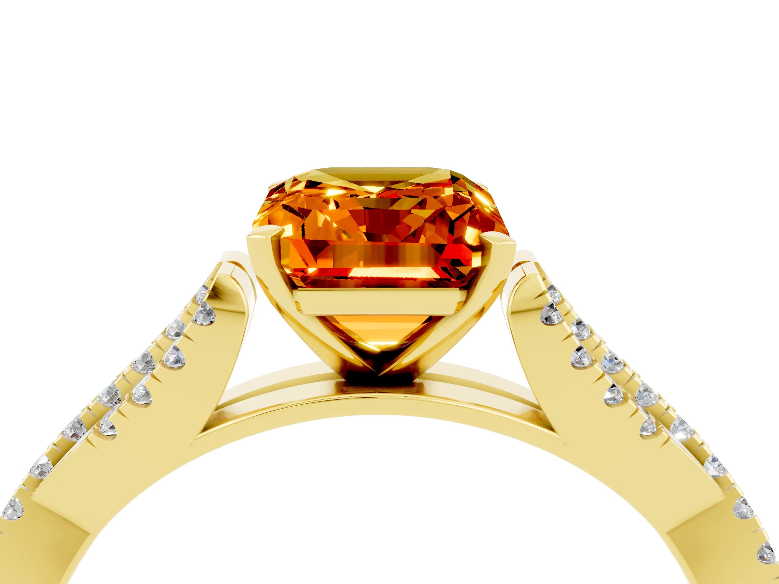 Yellow gold Emerald Cut Citrine Solitaire Engagement Ring with Twisted Pavé Band and Four-Prong Setting_4