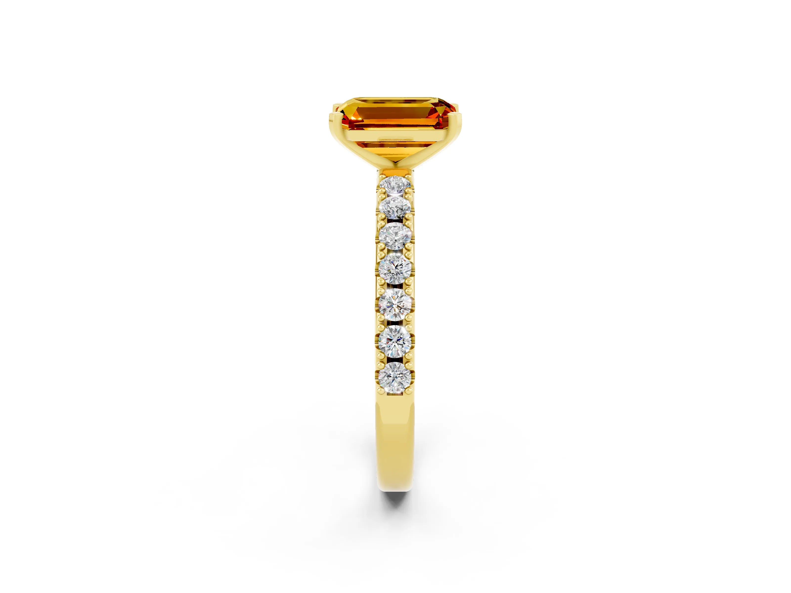 Yellow gold Emerald Cut Citrine Solitaire Pavé Band with Four-Prong Setting_2