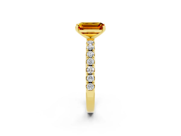 Yellow gold Emerald Cut Citrine Solitaire Pavé Band with Four-Prong Setting