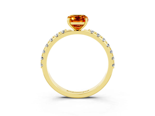 Yellow gold Emerald Cut Citrine Solitaire Pavé Band with Four-Prong Setting